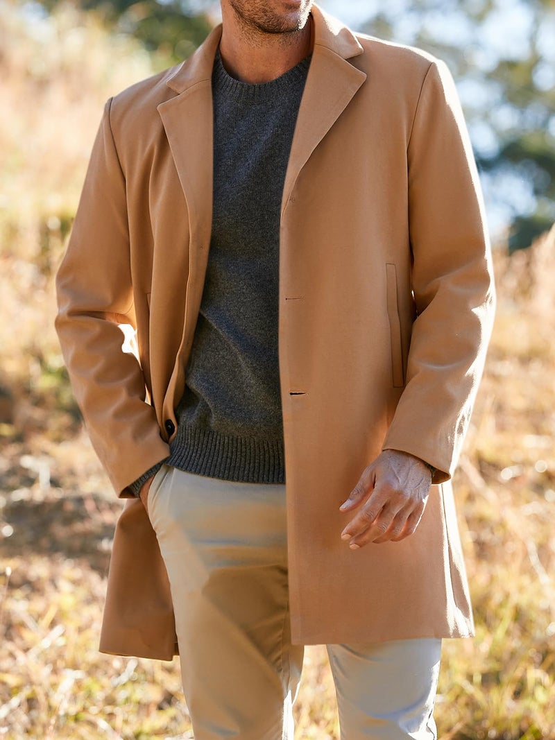 PASLTER Mens Cotton Business Trench Topcoats Winter Heavyweight Warm Single Breasted Coats Khaki - Image 2